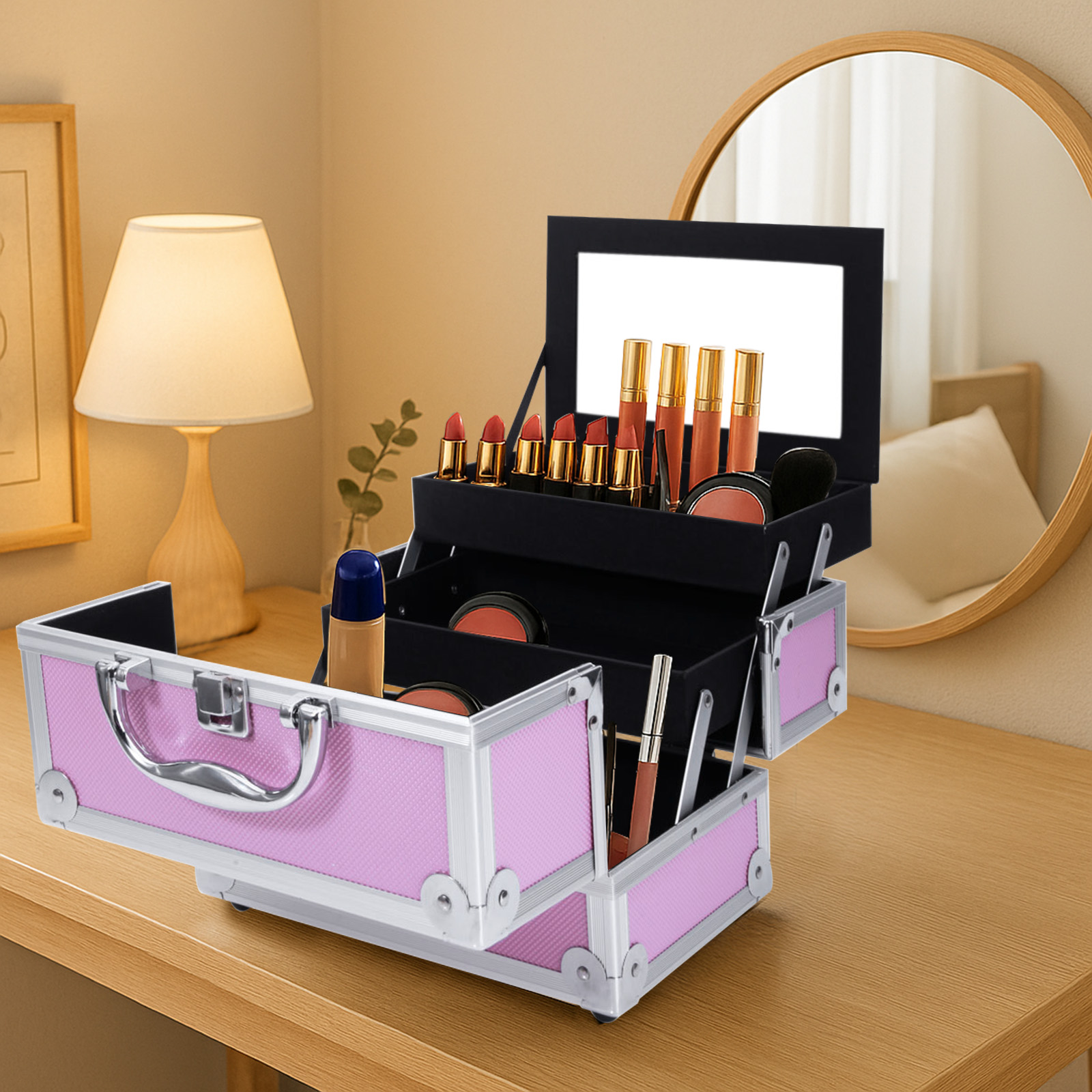 Beauty Makeup Bag - Pink Aluminum Alloy Makeup Case, Double